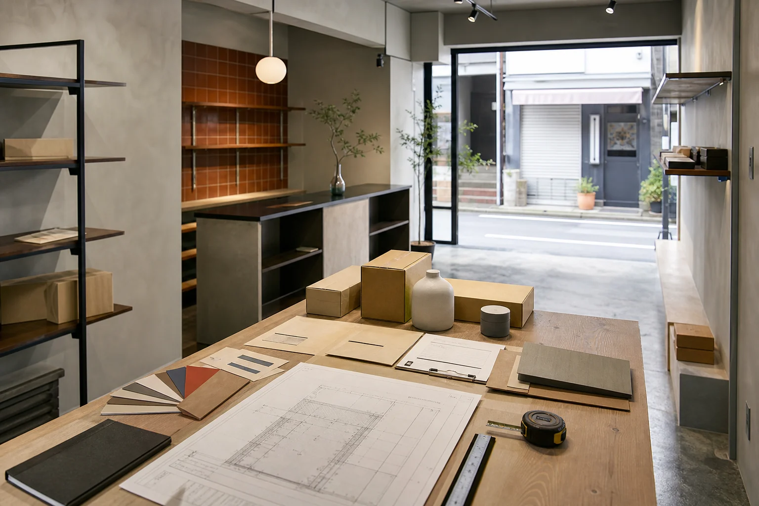 開業直前の店舗に並ぶ図面、梱包試作、内装素材